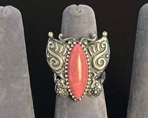 Sterling Silver Butterfly Ring with Pink Marquise Stone
