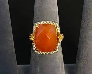 Vintage GoldTione Sterling Silver and Orange Maybe Carnelian Colored Ring with Clear Gem Halo