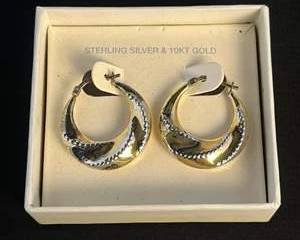 Sterling Silver  10KT Gold Hollow Swirl Hoop Earrings