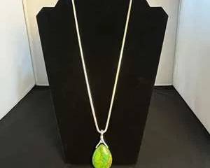 Italian Sterling Silver 950 Necklace with Green Likely Variscite Colored Teardrop Pendant
