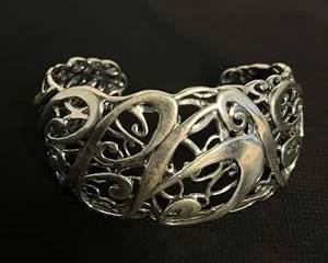 Intricately Designed Sterling Silver Cuff Bracelet Featuring Filigree Pattern