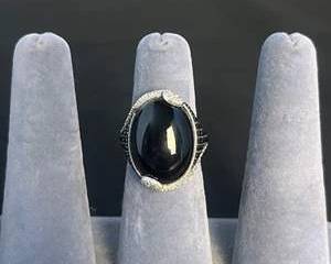 Judith Ripka Black Stone, Sterling Silver and CZ Ring with Intricate Detailing