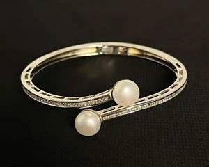 Sterling Silver Open Cuff Bracelet with Maybe Pearls and Intricate Clear Stone Detailing