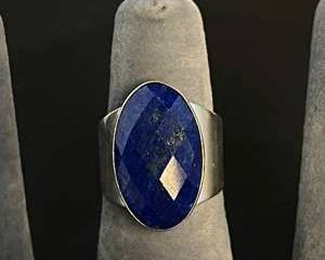 Sterling Silver Blue Maybe Lapis Lazuli Colored Statement Ring Size 6 with Faceted Oval Stone