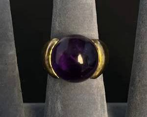 GoldTone Sterling Silver Ring with Large Purple Maybe Amethyst Cabochon Colored Stone and Gem Accent