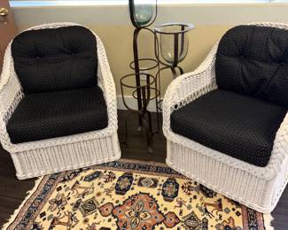 Oriental wool rug, wicker chairs