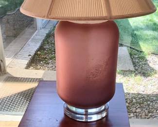 Glass lamp with acrylic base, wood end table