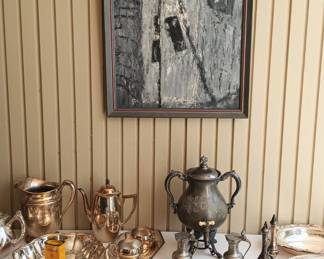 Silver plate, mid century oil painting