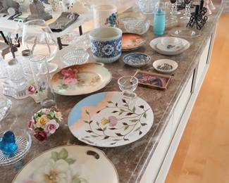 Beautiful hand painted plates, miscellaneous crystal and pottery