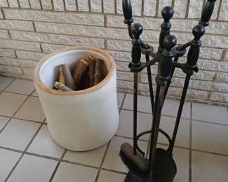 Large crock, fireplace tools