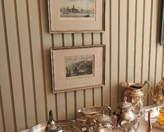 Silverplate, old tins, antique prints