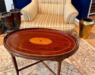 Tufted upholstered armchair; Sheraton Revival Oval occasional table