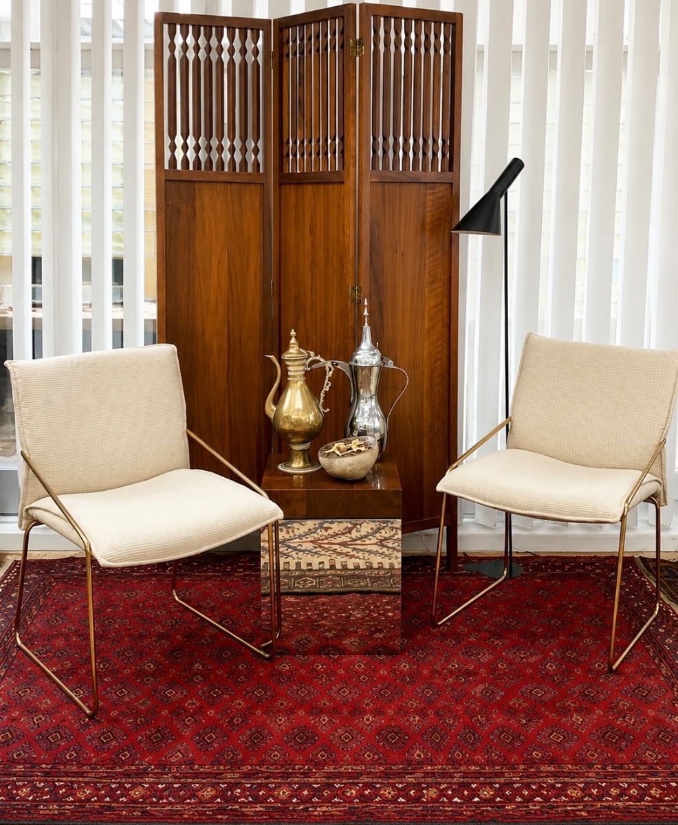 Arthur Umanoff screen, Italian chairs, Middle Eastern ewers, Arne Jacobsen floor lamp