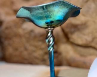 Steuben Blue Aurene compote with a twisted stem highly collectible American art glass. Designed by Frederick Carder between 1903 and 1932, these pieces feature a vibrant, iridescent blue glass finish with rich, shimmering highlights of violet & green