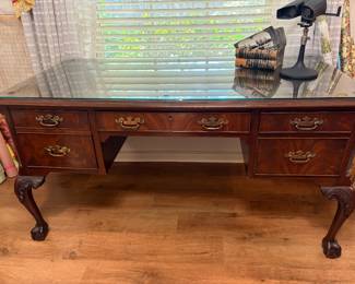 Vintage Hekman Chippendale Executive Desk, Leather Top, Brass Drawer Pulls, Ball & Claw Feet