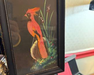 Framed Vintage Mexican Bird feather folk art