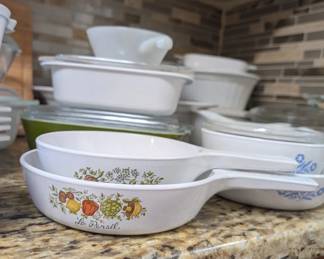 Vintage corningware "Spice of Life" menuette pans or skillets featuring a vegetable -themed pattern