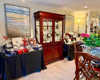 JAMES COLLEY, TEXAS ARTIST SEASCAPES, CHINA CABINET FULL OF BACCARAT, BARKER ELLIS SILVER, MURANO, LALIQUE.