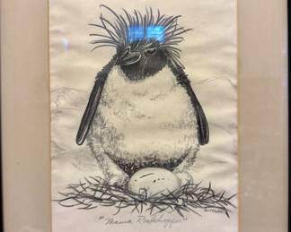 PENGUIN WITH EGG BY LOFFLANT PENCIL DRAWING.
