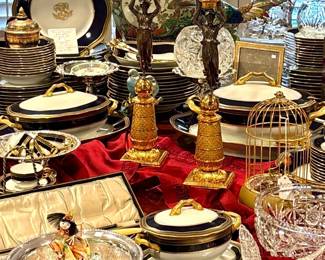 Automation bird. Antique French bronze gilt candlesticks. Crystal. Barker Ellis silver
