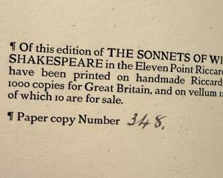 "THE SONNETS OF WILLIAM SHAKESPEARE 11 POINT RICCARDO EDITION LIMITED TO 1000 COPIES, HIGHLY COLLECTIBLE.