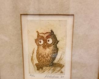 WILLIAM AGUSTIN KOLLIKER ETCHING OF AN OWL.