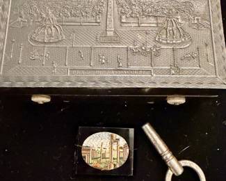 ANTIQUE C1850S FRENCH MUSIC BOX WITH KEY, VICTORIAN ITALIAN MOSIAC BROOCH.