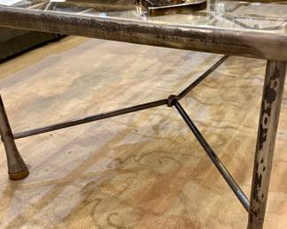 BEAUTIFUL STEEL AND GLASS COFFEE TABLE OVER LARGE TURKISH OASHAK RUG.
