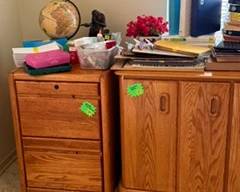 Office furniture setup with wooden file cabinet, printer stand, and main corner computer desk! Great price!