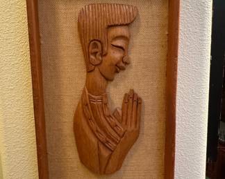Mid-Century Teak Wood Carved Relief Panels with Praying Figures (Pair)