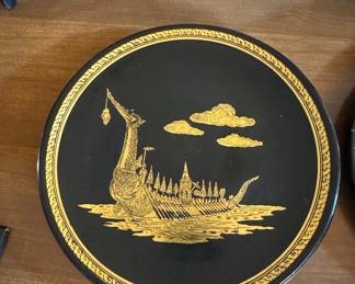 Thai Lacquerware Decorative Plates Set with Royal Barge and Elephant Battle Scenes