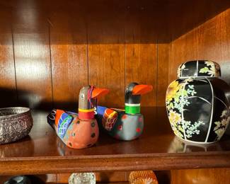 Assorted Decorative Figurines and Bowls, including Kokeshi Dolls and Repoussé Metal Bowls