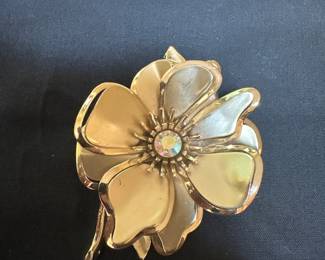 Gold Tone Flower Brooch with Aurora Borealis Rhinestone Center