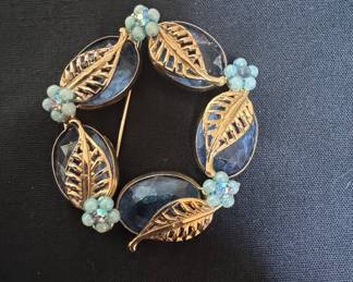Vintage Gold-Tone Leaf Wreath Brooch with Blue Cabochons and Rhinestones