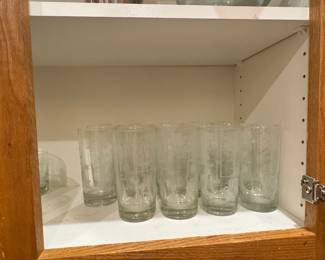 Set of Etched Glass Tumblers and Pitchers, Ceramic Jar, and Drinking Aid
