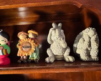 Assorted Decorative Figurines and Bowls, including Kokeshi Dolls and Repoussé Metal Bowls