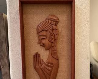 Mid-Century Teak Wood Carved Relief Panels with Praying Figures (Pair)
