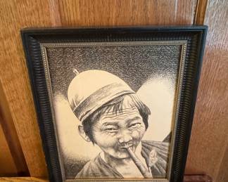 Portrait of a Man Smoking a Pipe, Pencil Sketch by Ninat, Chiangmai, Siam