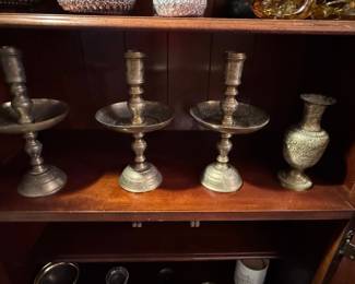 Ornate Etched Brass Candlesticks and Vase Set - Moroccan/Middle Eastern Style