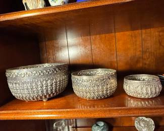 Assorted Decorative Figurines and Bowls, including Kokeshi Dolls and Repoussé Metal Bowls