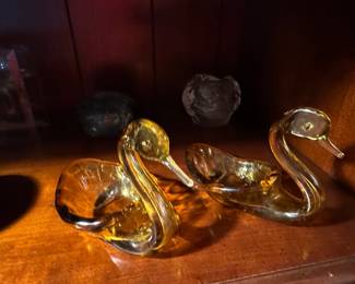 Vintage Amber Hand-Blown Glass Swans (Pair)