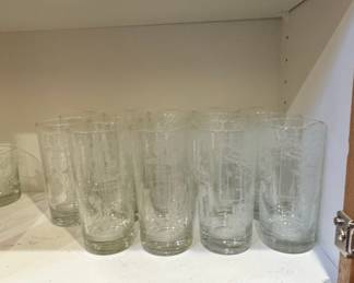 Set of 8 Etched Glass Tumblers with Cherry & Blue Ceramic Canister