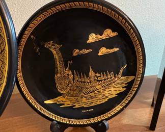 Thai Lacquerware Decorative Plates Set with Royal Barge and Elephant Battle Scenes