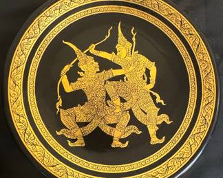 Vintage Thai Black & Gold Lacquerware Plate, Ramakien Scene