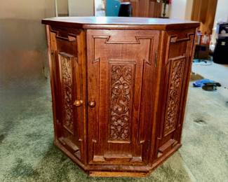 Vintage Carved Wood Hexagonal Corner Cabinet with 'S' Monogram