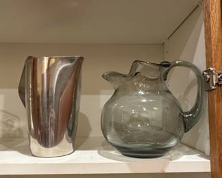 Set of Etched Glass Tumblers and Pitchers, Ceramic Jar, and Drinking Aid