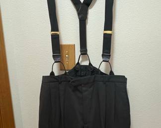 Vintage Black Wool Pleated Tuxedo Pants with Suspenders