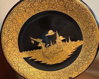 Thai Lacquerware Decorative Plates Set with Royal Barge and Elephant Battle Scenes