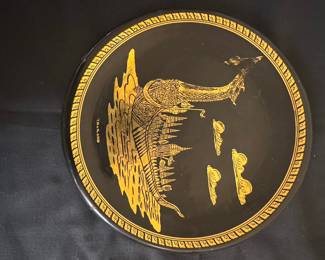 Thai Black Lacquerware Plate with Elephant and Temple Motif