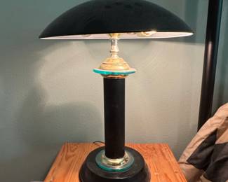 MidCentury Modern Mushroom or UFO Table Lamp with Black Dome Shade and Teal Glass Accent